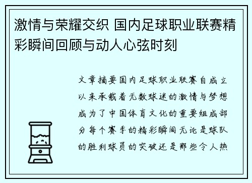 激情与荣耀交织 国内足球职业联赛精彩瞬间回顾与动人心弦时刻