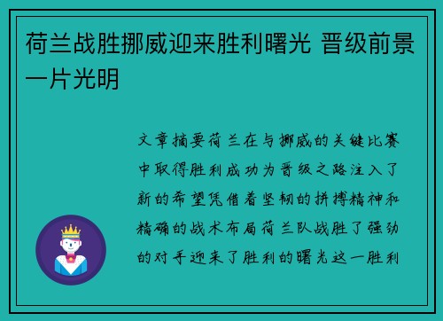 荷兰战胜挪威迎来胜利曙光 晋级前景一片光明