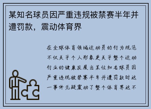 某知名球员因严重违规被禁赛半年并遭罚款，震动体育界